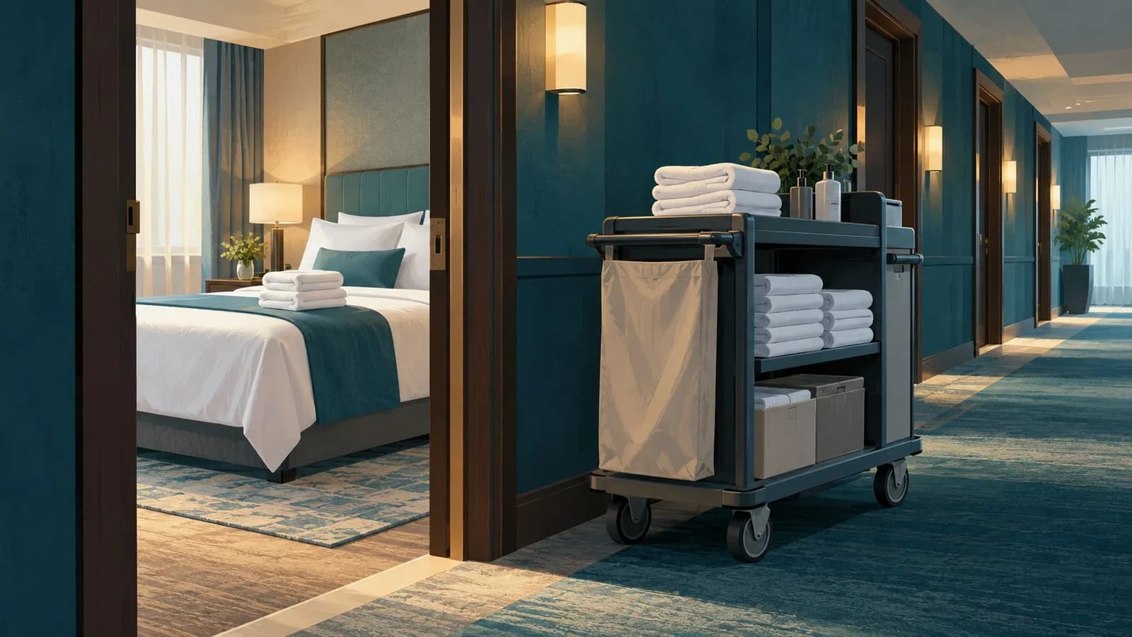 A neatly made hotel bed with folded towels and a housekeeping cart parked in a hotel corridor.