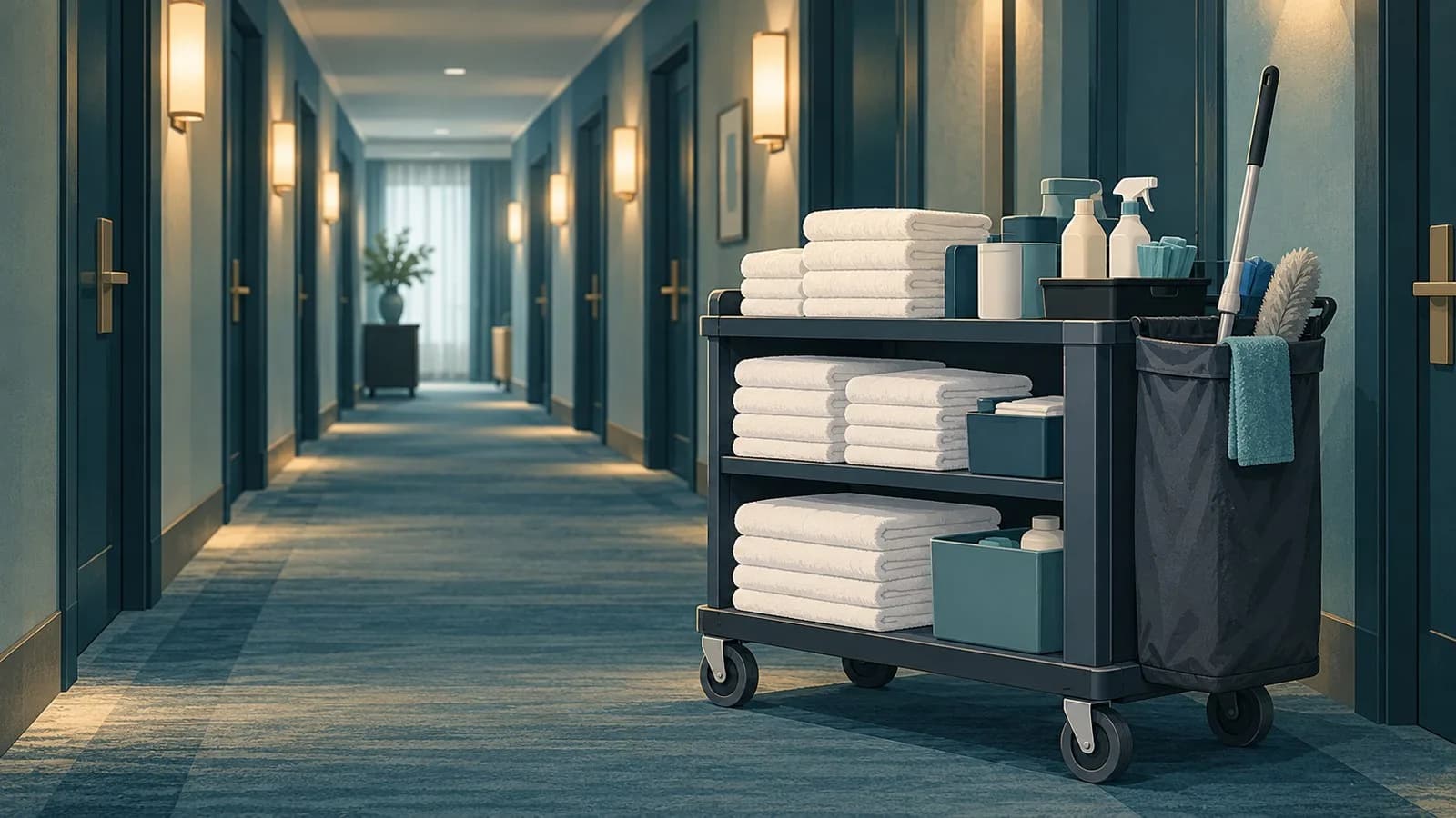 A housekeeping cart with folded towels and cleaning supplies parked in a hotel corridor
