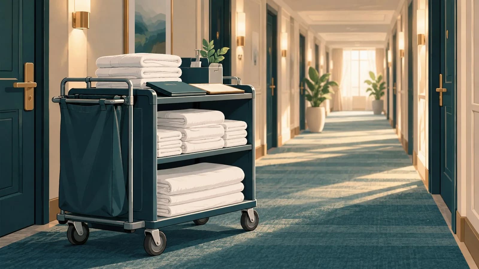 A housekeeping cart with fresh towels and linen parked in a bright hotel corridor