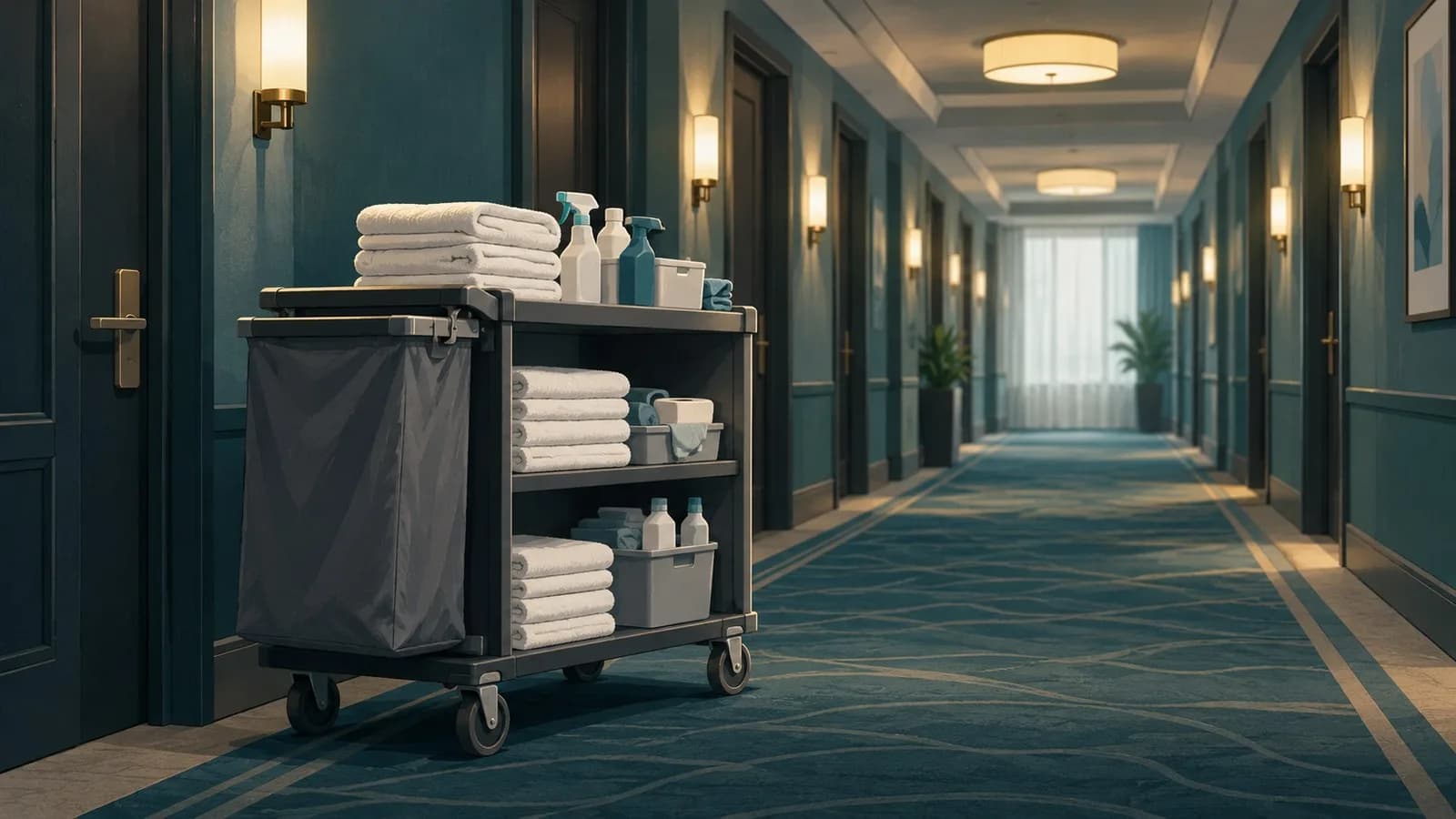 A hotel housekeeping cart with folded towels and cleaning supplies parked in an empty corridor