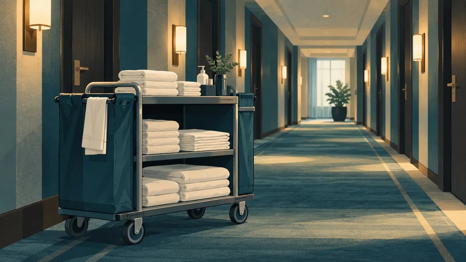 Hotel housekeeping cart with folded towels and linen parked in a quiet hotel corridor
