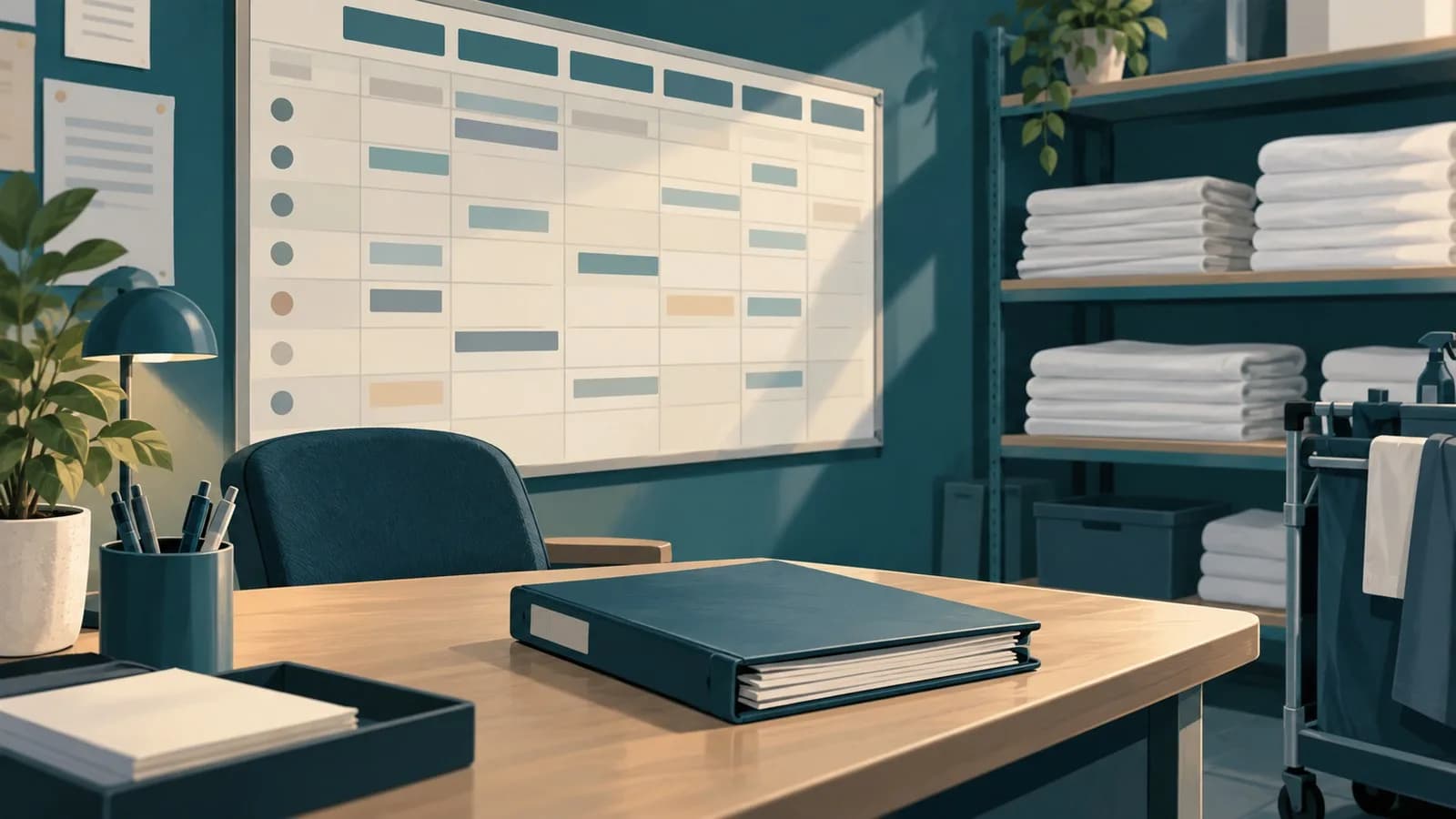 A hotel housekeeping office with a staff rota board, a folder of timesheets and a stack of folded linen on a shelf
