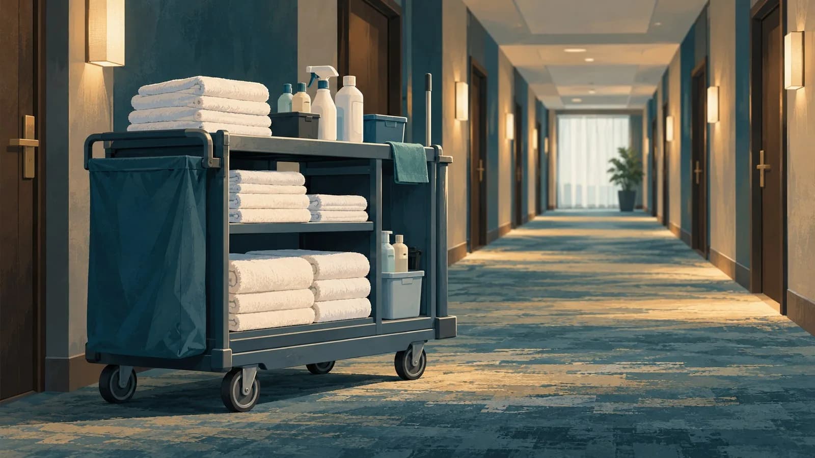 A housekeeping cart with folded towels and cleaning supplies parked in an empty hotel corridor