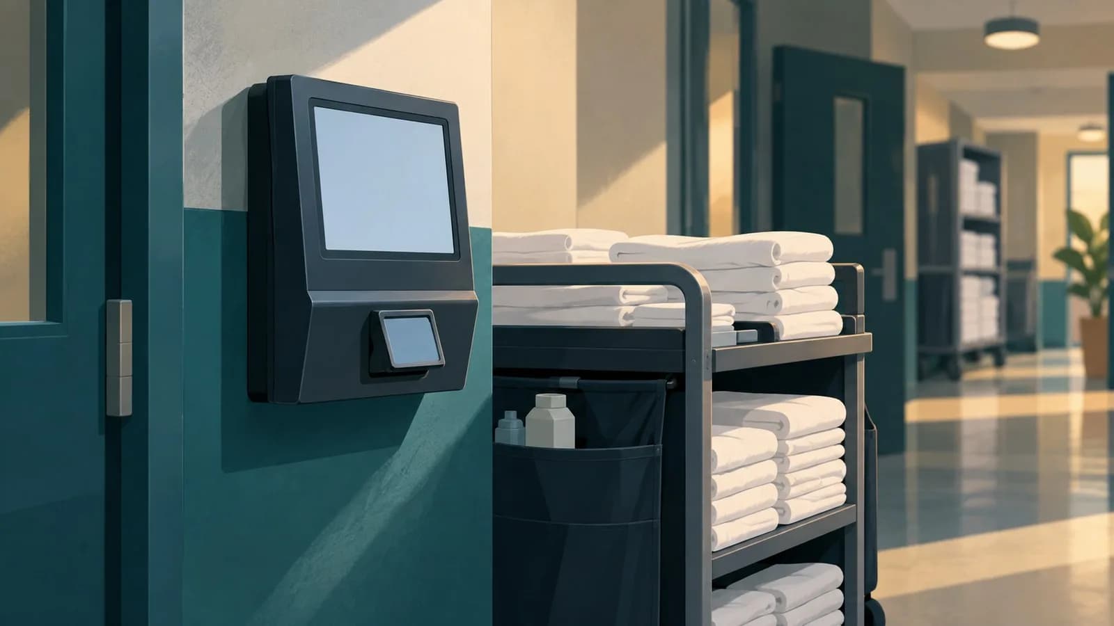 Stempeluhr und Zeiterfassungsterminal im Personalbereich eines Hotels, daneben ein Reinigungswagen mit Wäsche