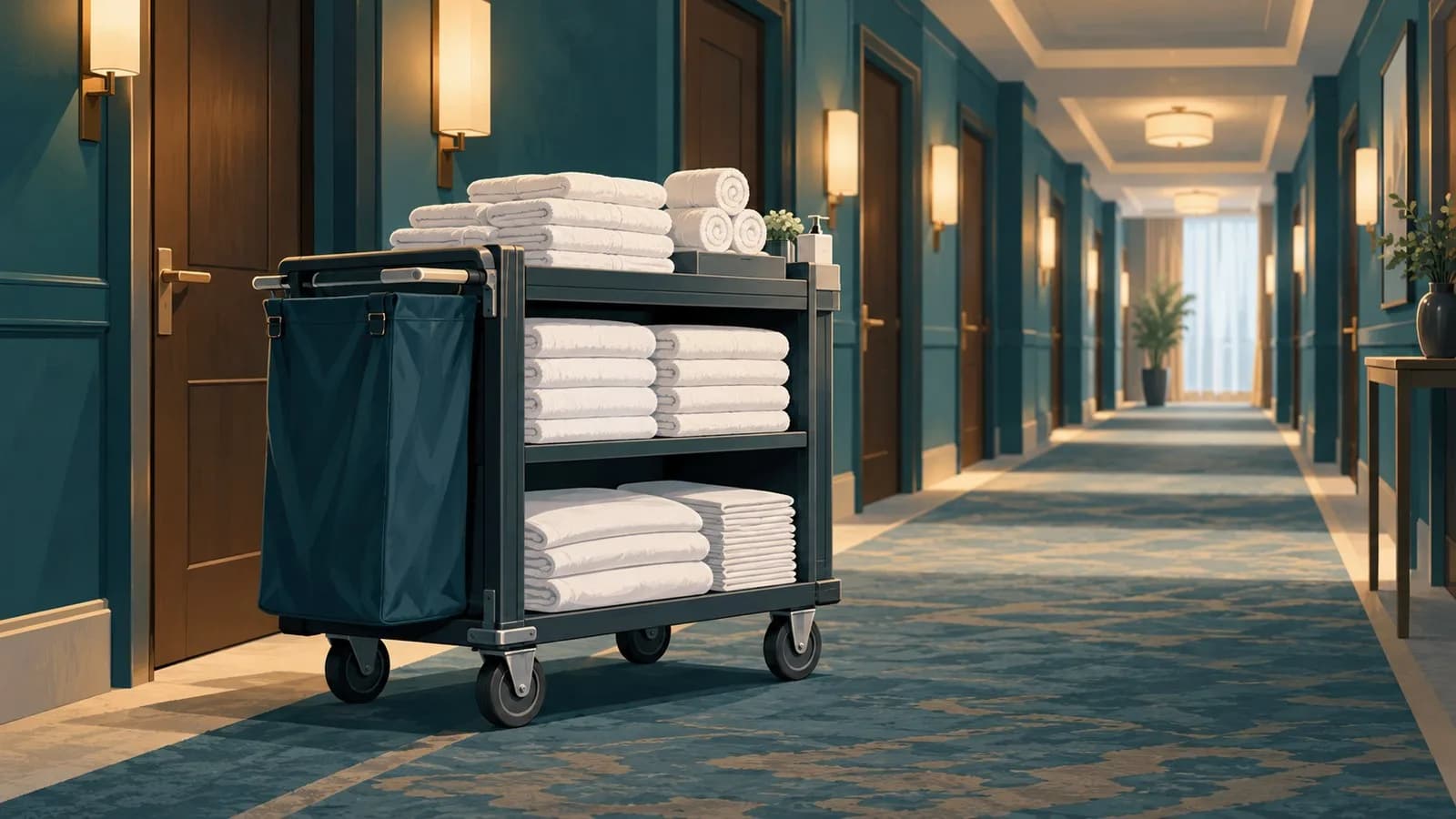 A housekeeping cart with folded towels and fresh linen parked in a quiet hotel corridor