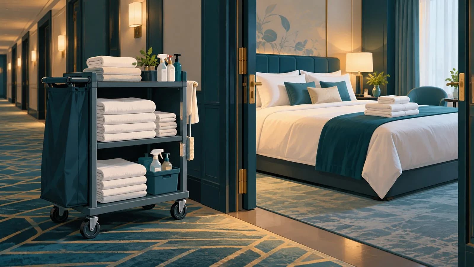 A freshly made hotel bed with folded towels next to a housekeeping cart in a hotel corridor