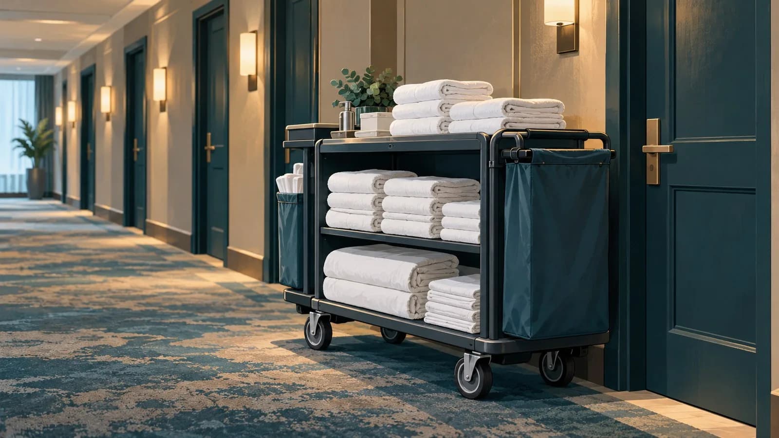 A housekeeping cart with fresh towels and linen parked in a hotel corridor outside guest room doors