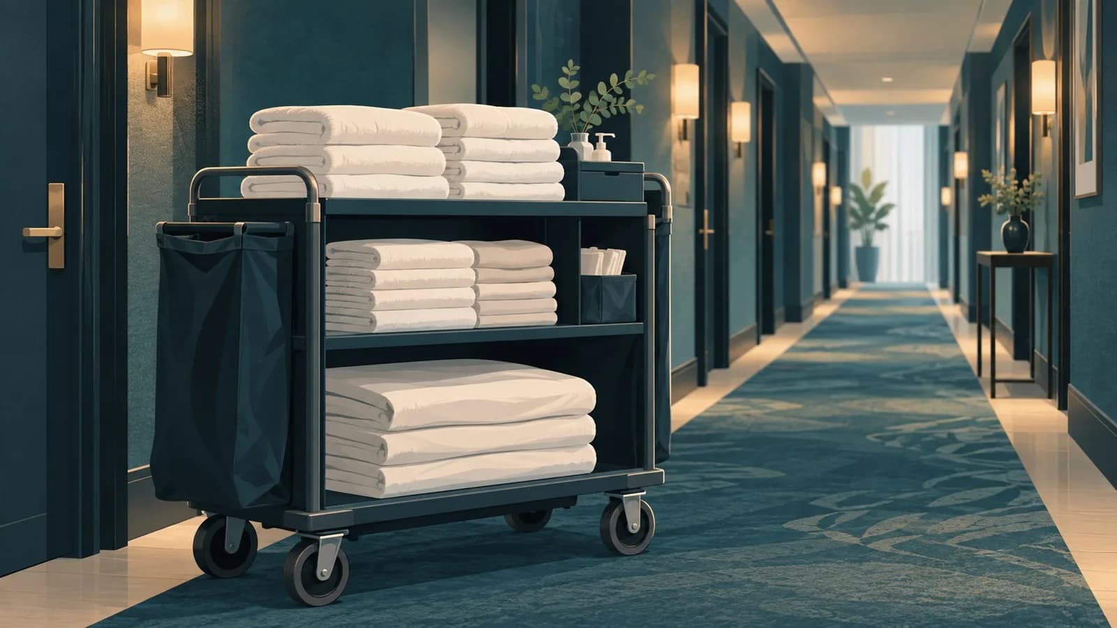 A housekeeping cart with folded towels and fresh linen parked in a quiet hotel corridor