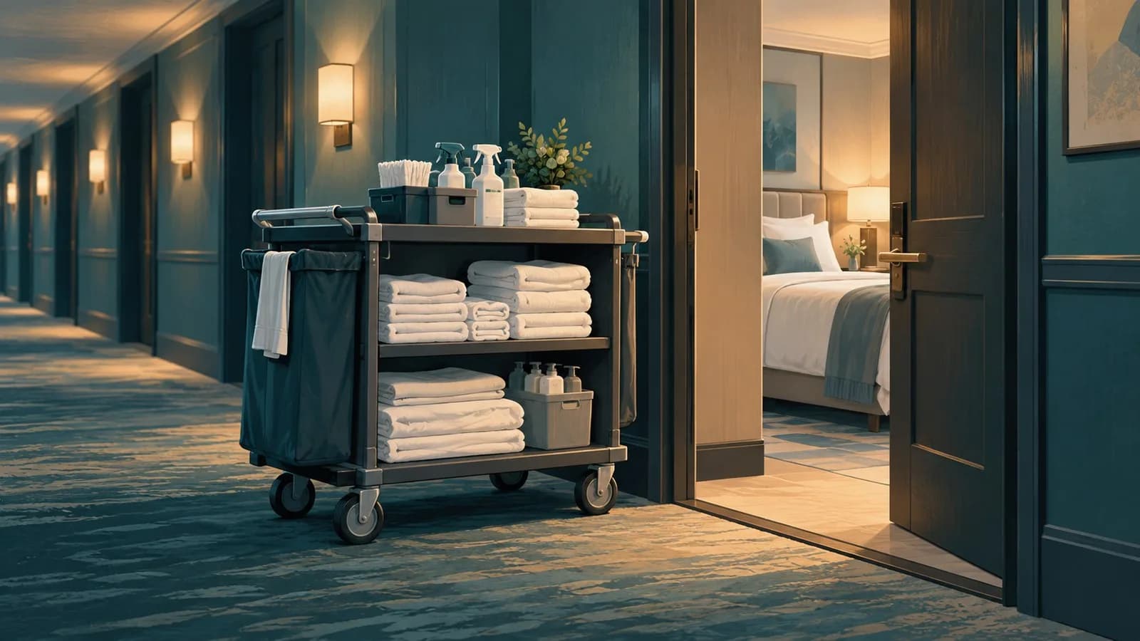 Housekeeping cart parked in a hotel corridor next to an open guest room door