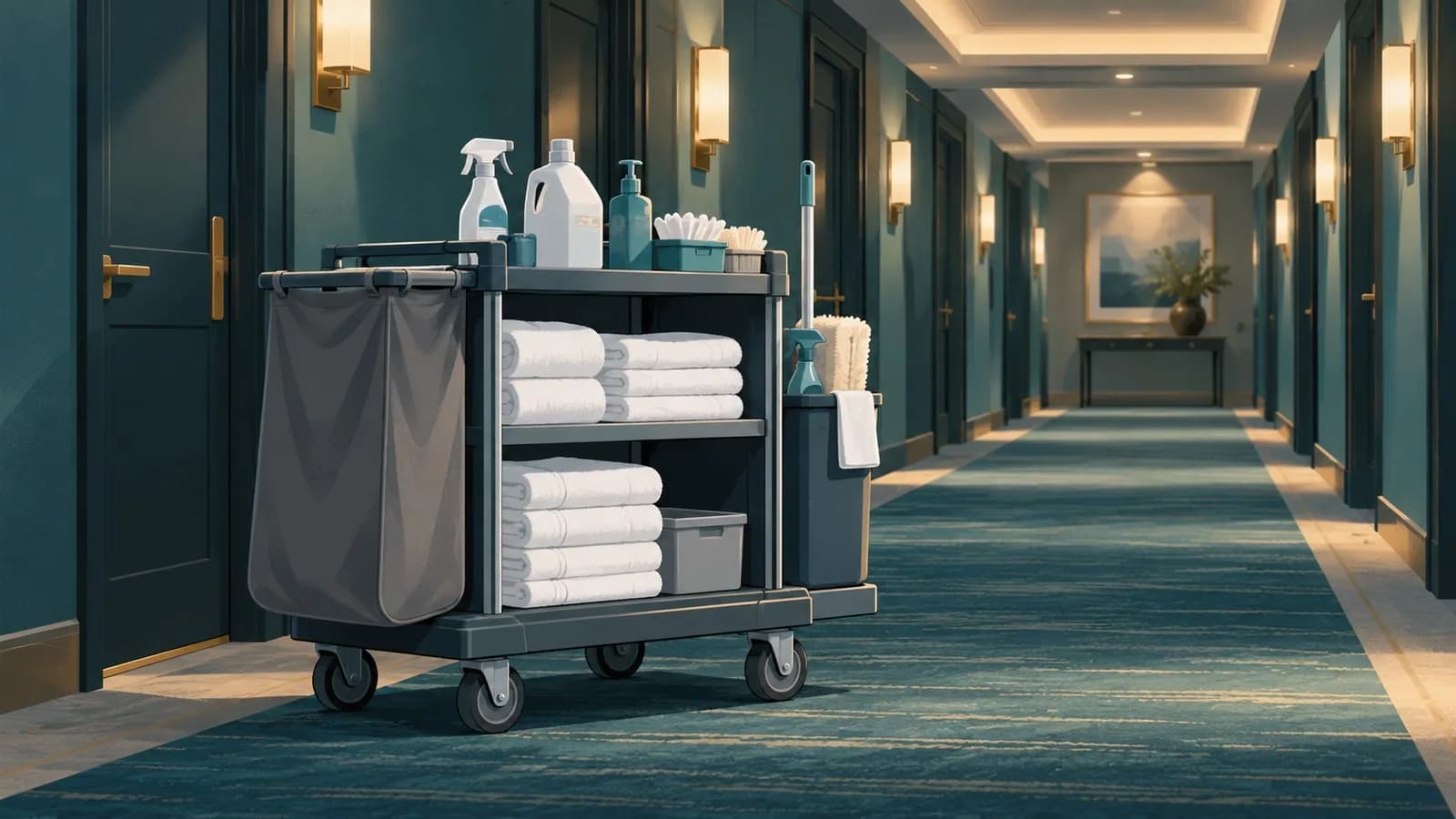 Housekeeping cart with folded towels and cleaning supplies parked in a hotel corridor