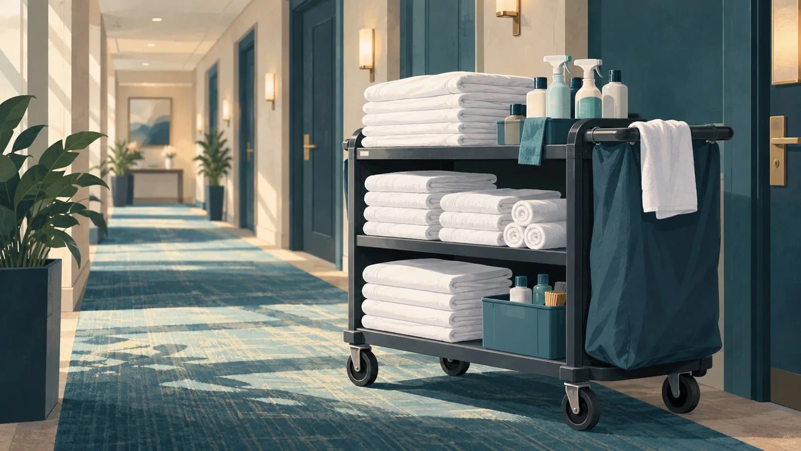 Housekeeping-Wagen mit frischer Bettwäsche und Reinigungsmitteln in einem hellen Hotelflur