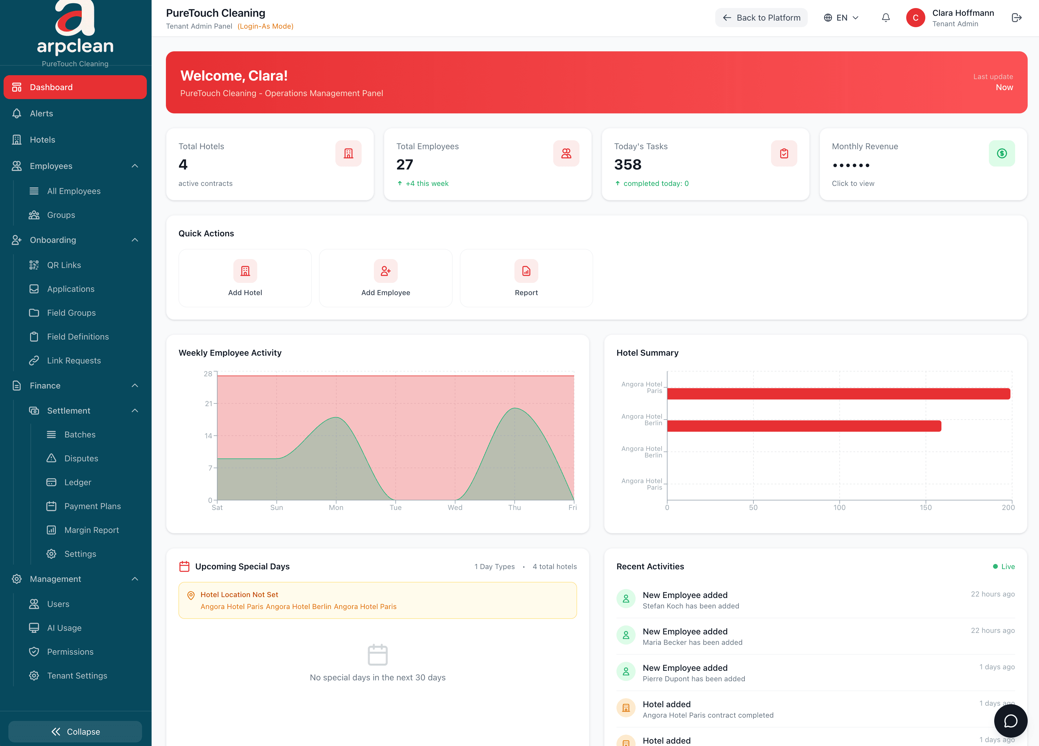 ARPCLEAN multi-hotel tenant dashboard with charts and stats