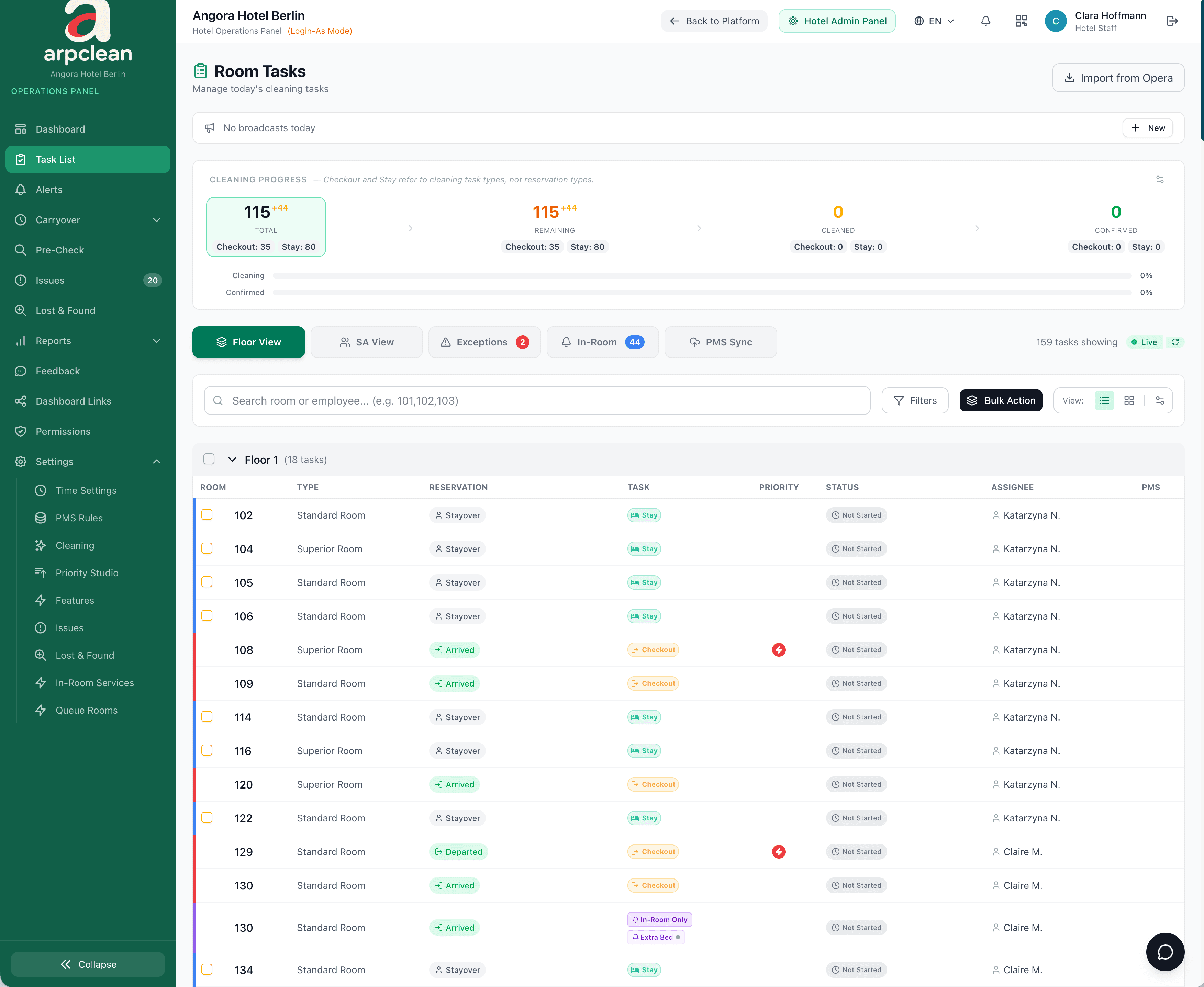 ARPCLEAN hotel operations task list with priority colors and room status